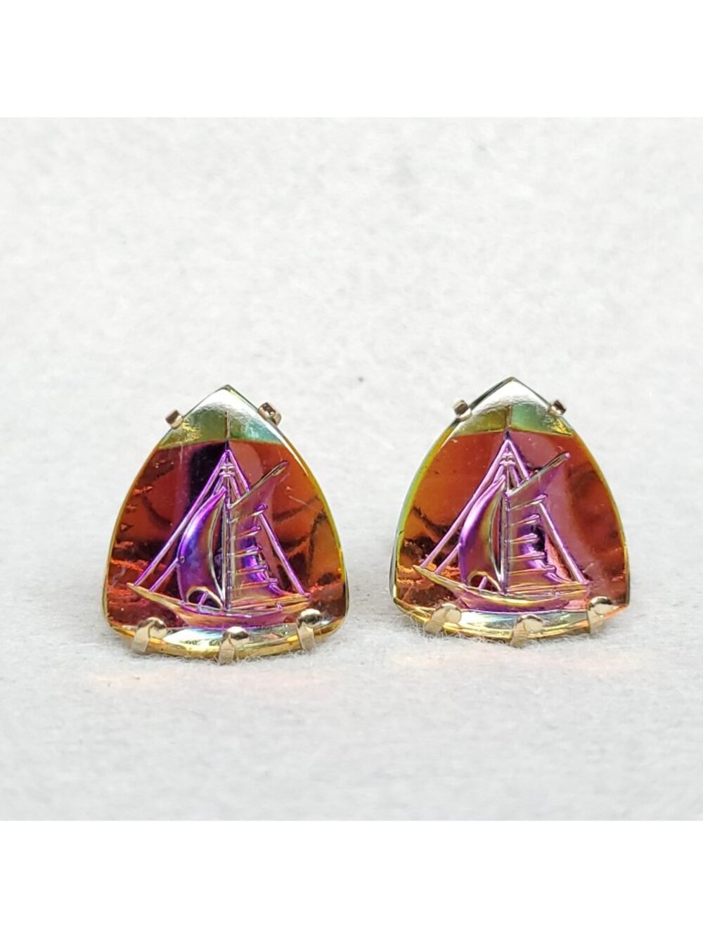 Vintage Swank Sailboat Cufflinks Boat Etched Glass Watermelon Gold Tone 3/4"